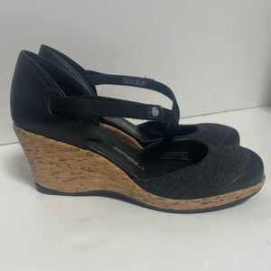 TEVA Riviera Black Leather Cork Wedge Mary Jane Shoes Womens 10.5